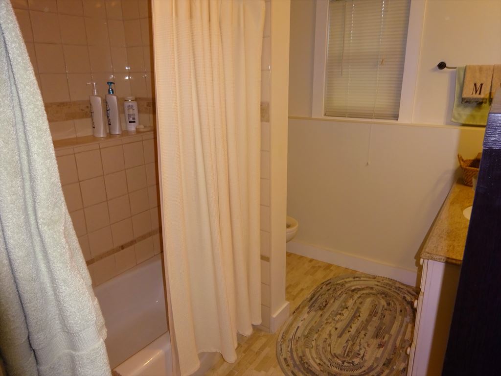 Bathroom with tub and shower combo in lower level near bedrooms